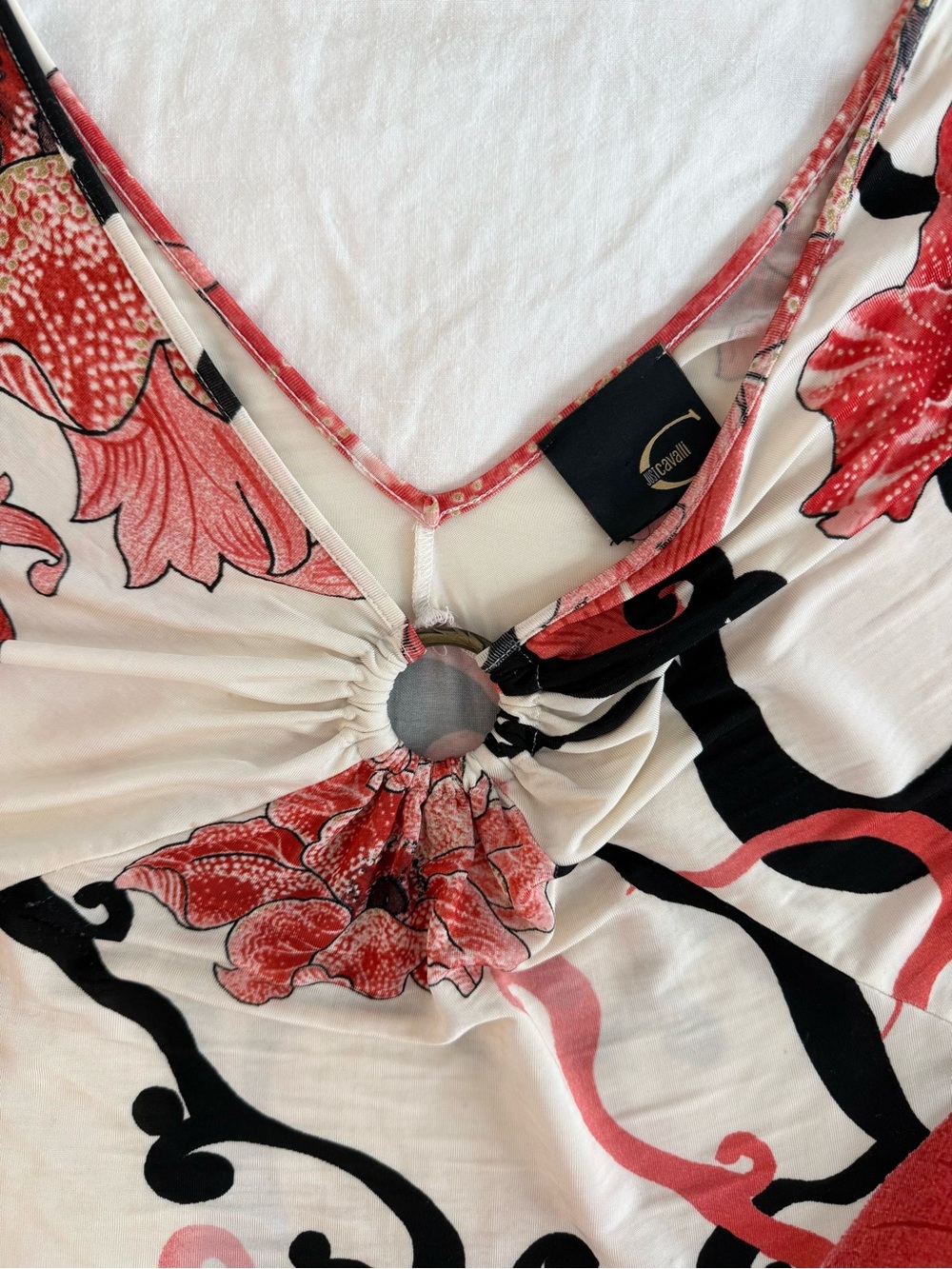 Just Cavalli Y2K Floral Ring Detail Stretch Top Red Ivory Black Size S - Picture 3 of 5
